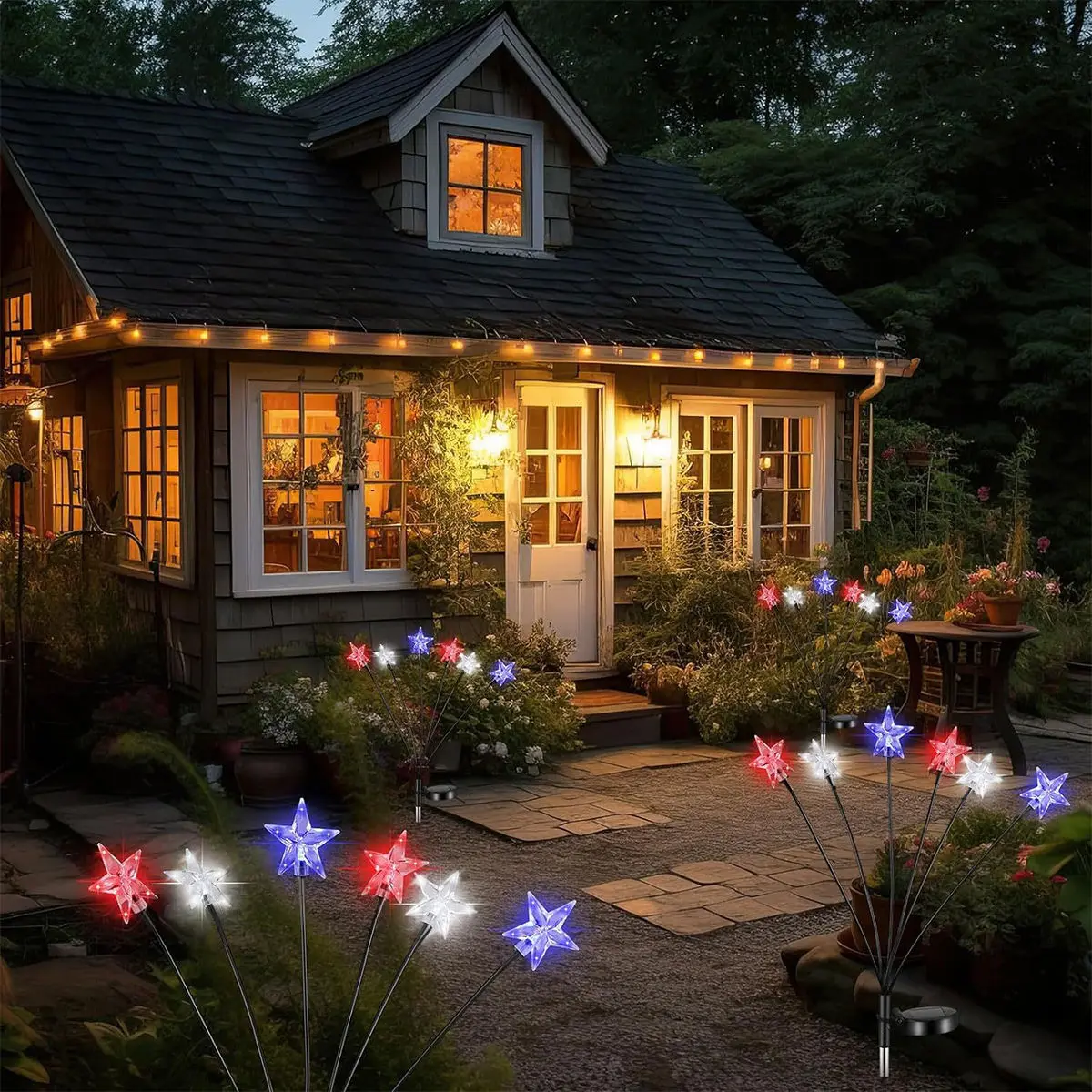 Solar Red White Blue Star Stake Lights 4th of July Outdoor Decorative Light Waterproof Swing Atmosphere New Year's Garland Lamp