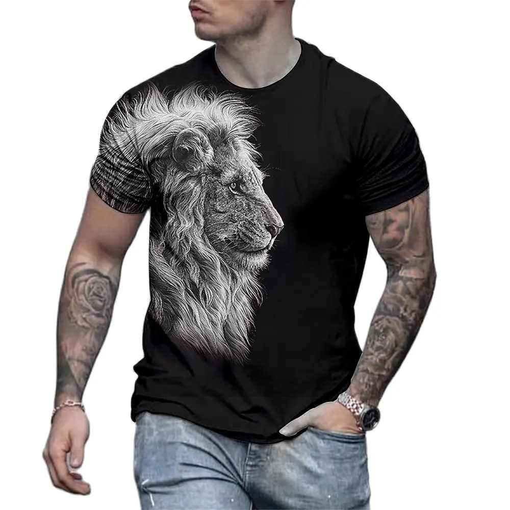 

2023 Summer Men Oversized T-shirts Vintage Lion Graphics 3D Print Tops Short T Shirt Harajuku Clothing O Collar Animal Camiseta