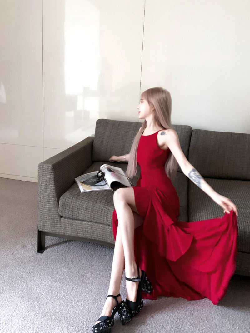 Y2K Red Irregular Womens Dresses Sexy Spaghetti Strap Sleeveless Ruffles Birthday Party Dress Summer Slim Casual Vestidos Mujer