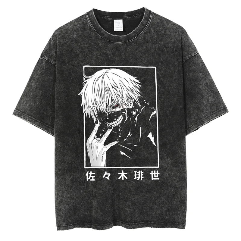 Anime Tokyo Ghoul Graphic Tees for Men Women Retro Washed Cotton T-Shirt Tops Summer Loose Oversized Tshirt Harajuku Streetwear