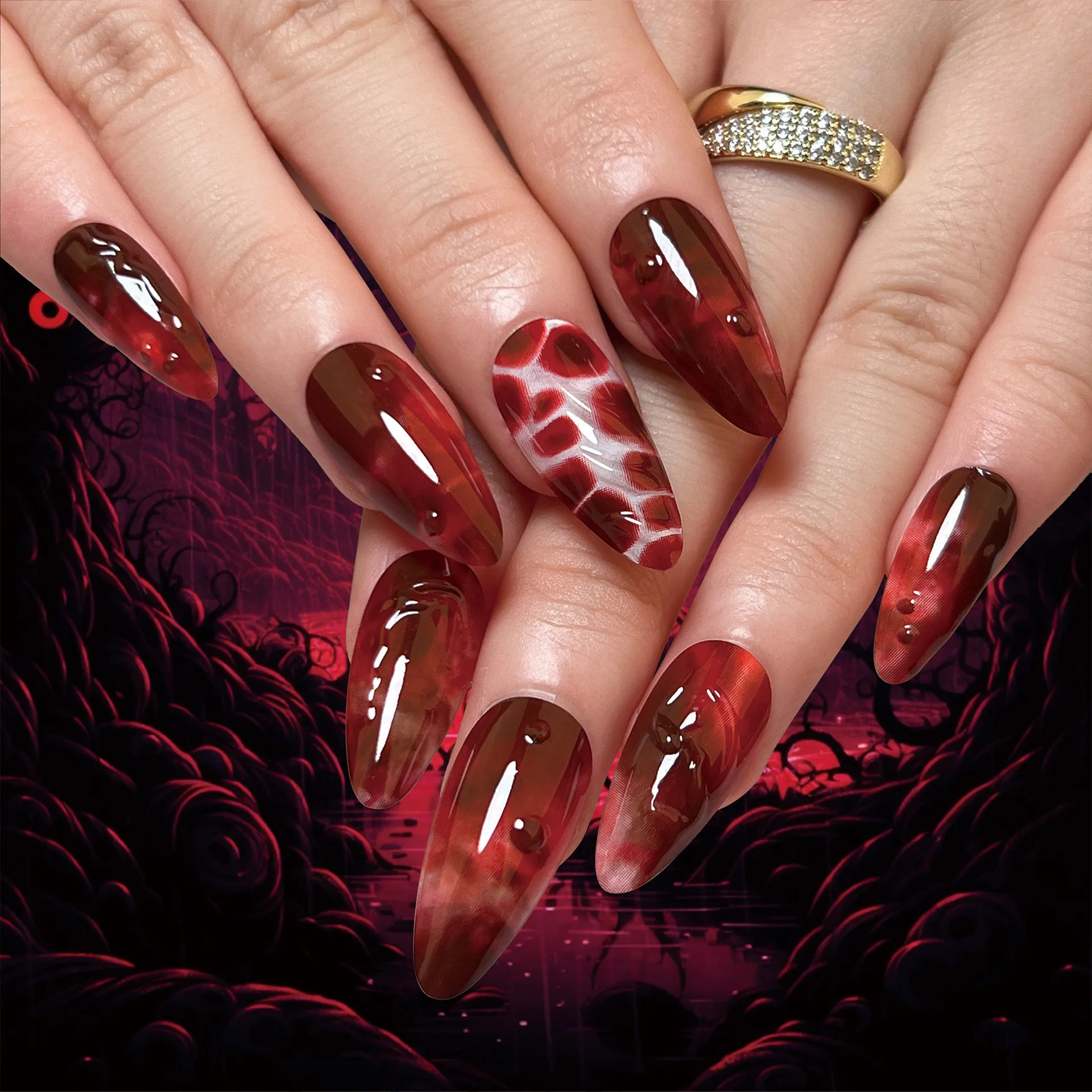 24pcs Halloween Long Almond Fake Nails Gothic Dark Black Style Press on Nails Full Cover Wearable Heavy Metal False Nail Tips