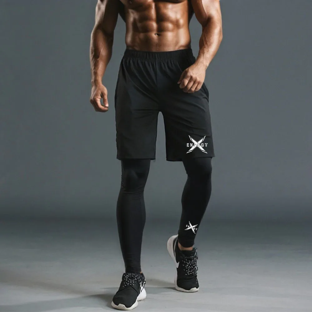 Compression Running Pants Men's 2 in 1 Quick Dry Athletic Workout Sweatpants Shorts Gym Leggings