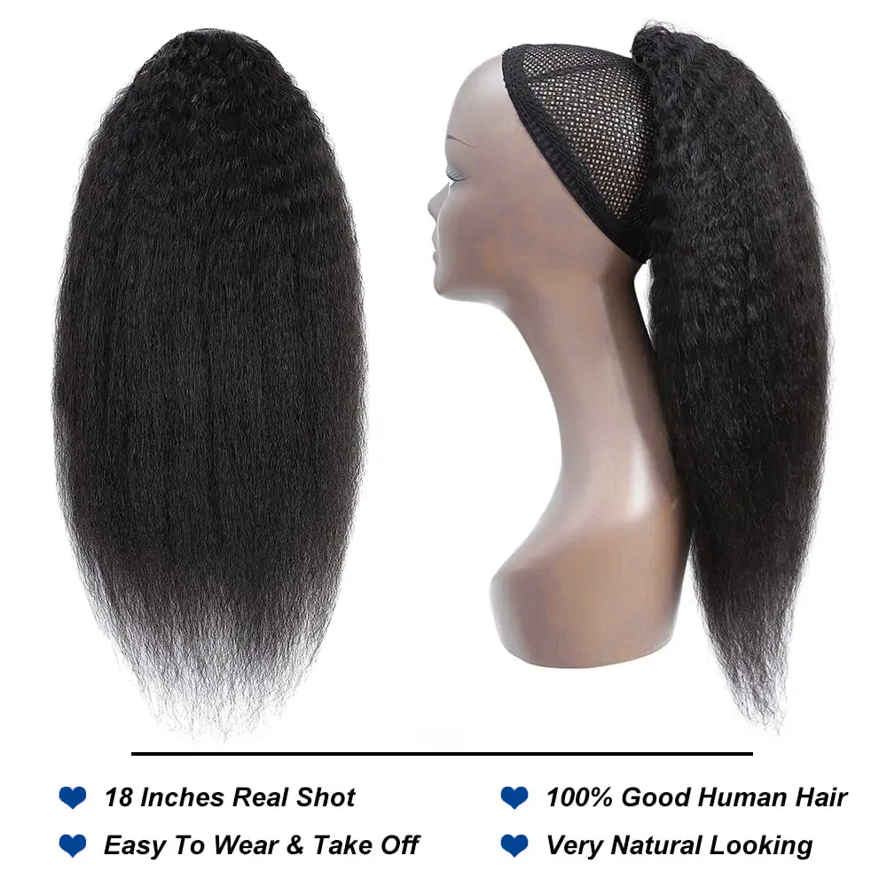 Human hair extensions Kinky Straight Wrap Around Drawstring Ponytail With Clips Yaki Straight #1B Clip In Virgin Hair Extensions