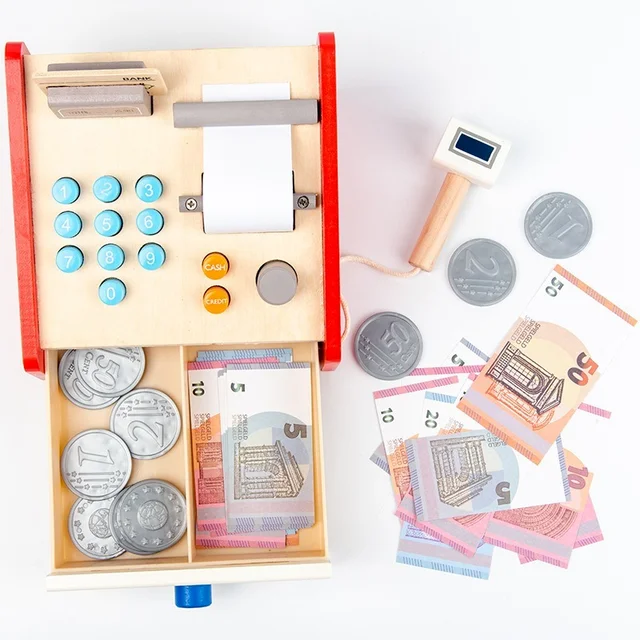 Wooden Simulation Montessori Cash Register Children's Play House Toys Pretend Role Play Cash Register Educational Toys Gifts 6
