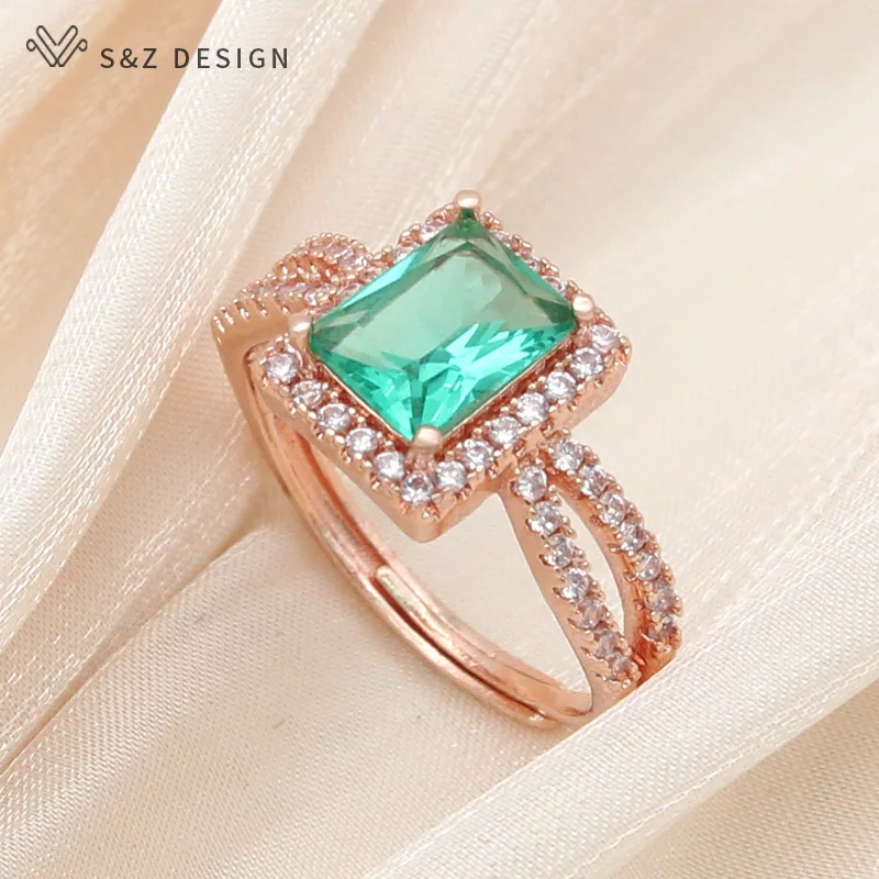 S&Z DESIGN New Trendy Rectangle Crystal Rings For Women Wedding Party Fashion 585 Rose Gold Color Cubic Zirconia Jewelry Gift