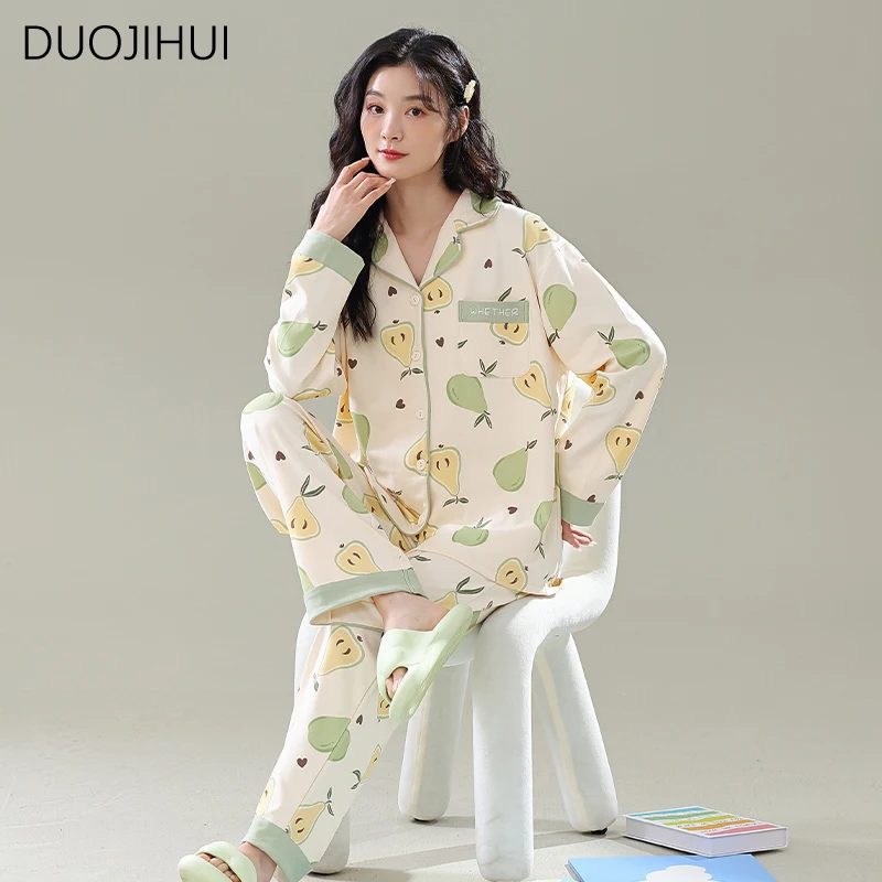 

DUOJIHUI корейские шикарные женские пижамные комплекты из двух предметов с принтом весенние базовые кардиганы простые брюки свободные повседневные домашние пижамы для женщин