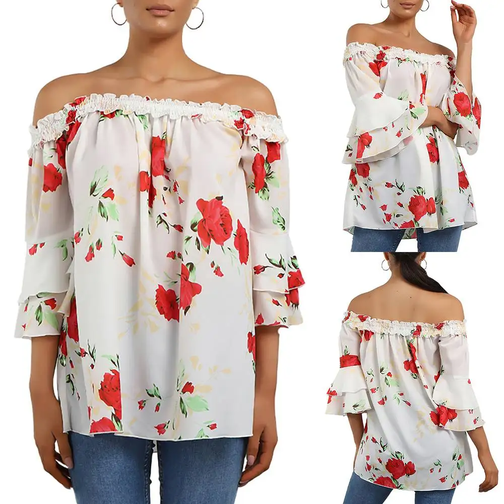 

2024 Womens Summer Floral Printed Short Sleeve Off Shoulder T-shirts Ladies Casual Blouses Tops Tees