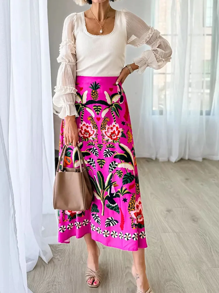 Women Printed A-line Skirt Elegent Female Plants and flowers printed zipper Skirts Fashion Spring Summer lady loose Skirt