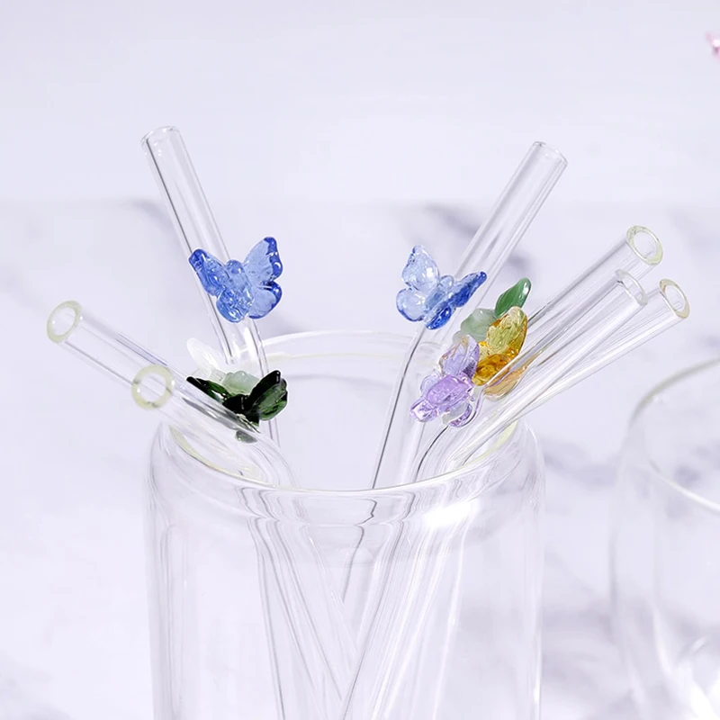 Butterfly Glass Straws Set Reusable Clear Straws For Smoothies Cocktails Drinking Eco Friendly Bar Tools Drinkware with Brush
