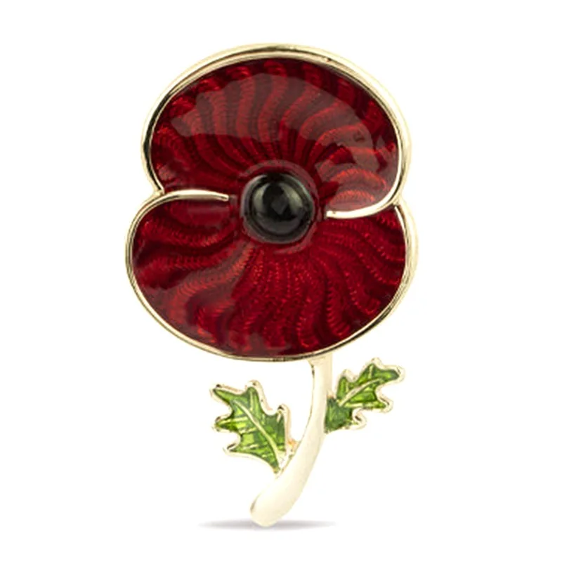 

Red Enamel Poppy Leaf Stem Brooch Pin