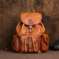 Natural Leather Men Backpack Handmade Genuine Leather Laptop Backpack Vintage Travel Bags Large Capacity Boys Shoolbags 1