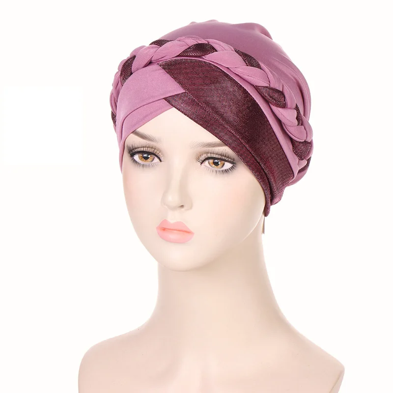 

KepaHoo Double Color Braid Turban Cap Patchwork Muslim Hijab Bonnet Hat Islamic Headwraps African India Caps Hair Accessories