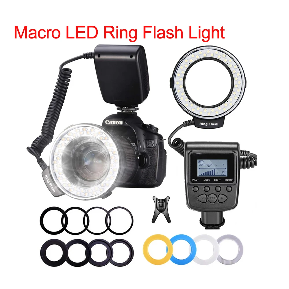 RF-550D HD-130 48 매크로 LED 링 플래시 라이트, 8 어댑터 링 포함, 니콘 캐논 펜탁스 올림푸스 파나소닉 DSLR 카메라용