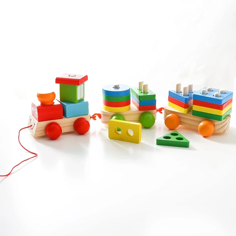 Children's Wooden Building Block Train Toy Shape sorter and Stacking Game for Toddlers Matching Puzzle