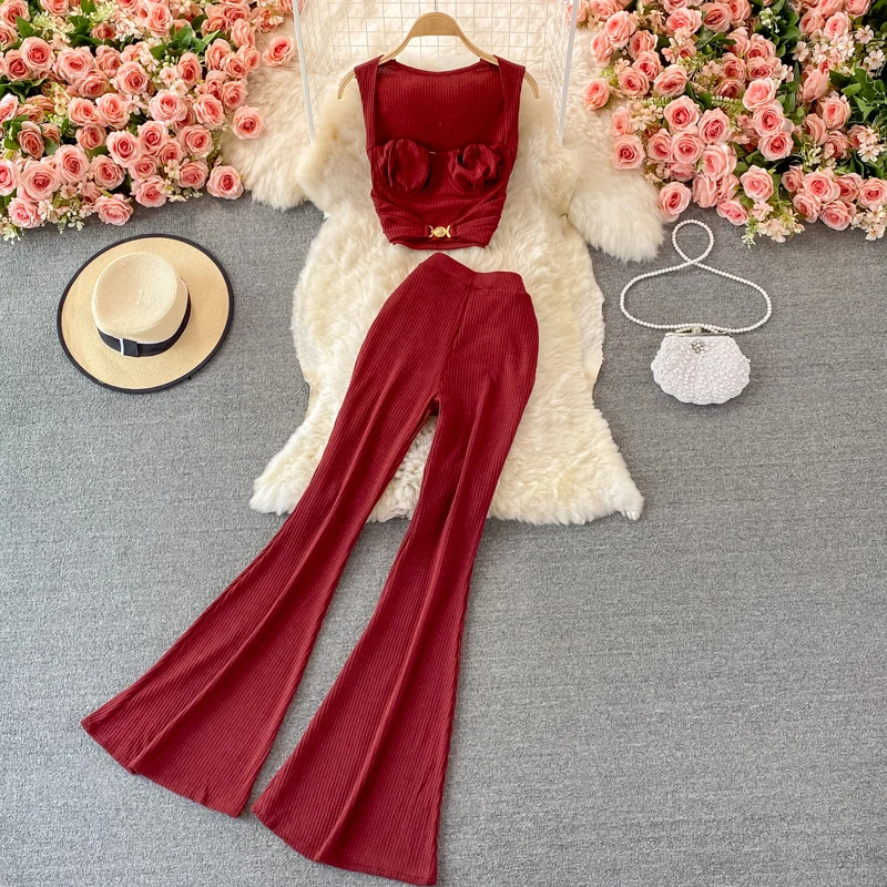 

Fashion high-waisted slim flared pants women's long pants two-piece suit high-waisted short navel square collar top