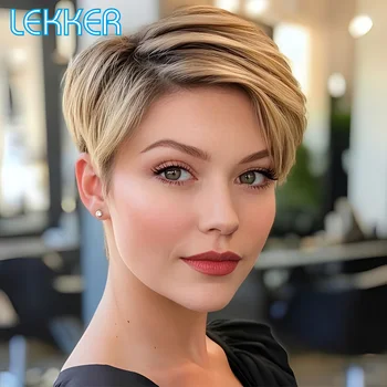Lekker Short Pixie Cut Straight Bob C Part Lace 100% Human Hair Wig For Women Brazilian Remy Hair Glueless Color 613 Blonde Wigs