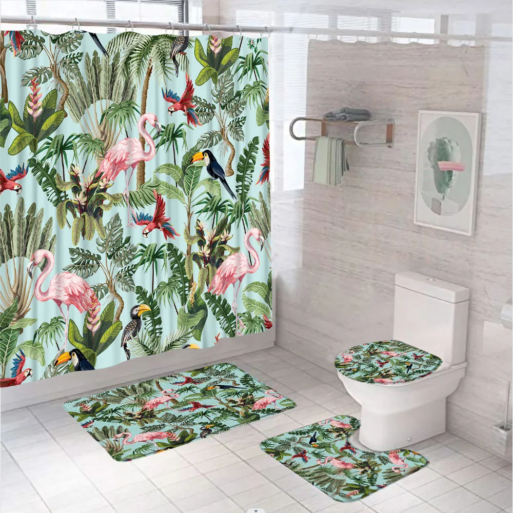 Flamingo Parrot Toucan Bathroom Curtain Set Tropical Bird Jungle Palm Leaf Shower Curtains Rug Bath Mat Carpet Toilet Seat Cover