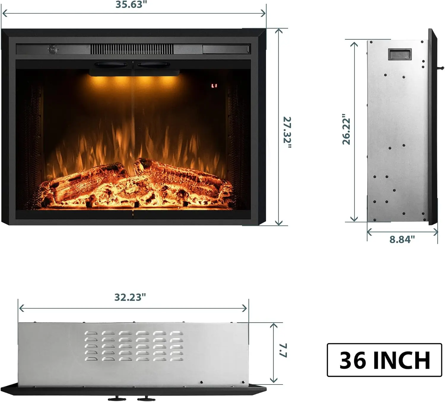 36&rdquo; Electric Fireplace Inserts with Glass Door and Mesh Screen Multicolor Flames & Fire Crackling Sounds Timer