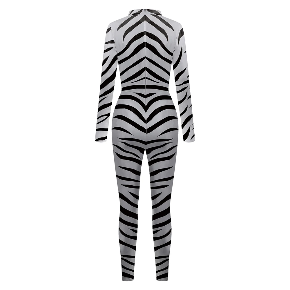 Zebra Pattern Jumpsuit Halloween Zebra Cosplay Costume Skinny Bodysuit Animal Cos Catsuit Adult Long Sleeve Zentai