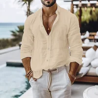 Chemise en coton et lin pour hommes, Style plage d'été, couleur unie, simple boutonnage, chemises respirantes, légères et élégantes, hauts à boutons 3