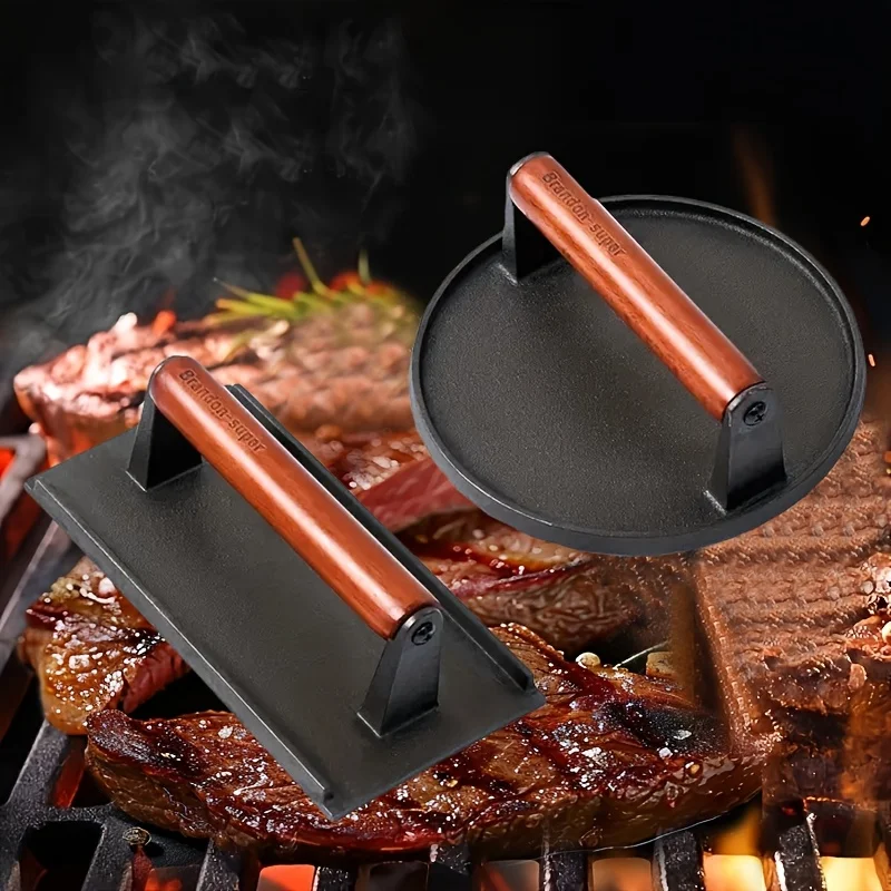 [Cast Iron Meat Press] 1pc/2pcs Cast Iron Meat Press-Non-Stick Uncoated Hamburger Press-Square Round Thickened