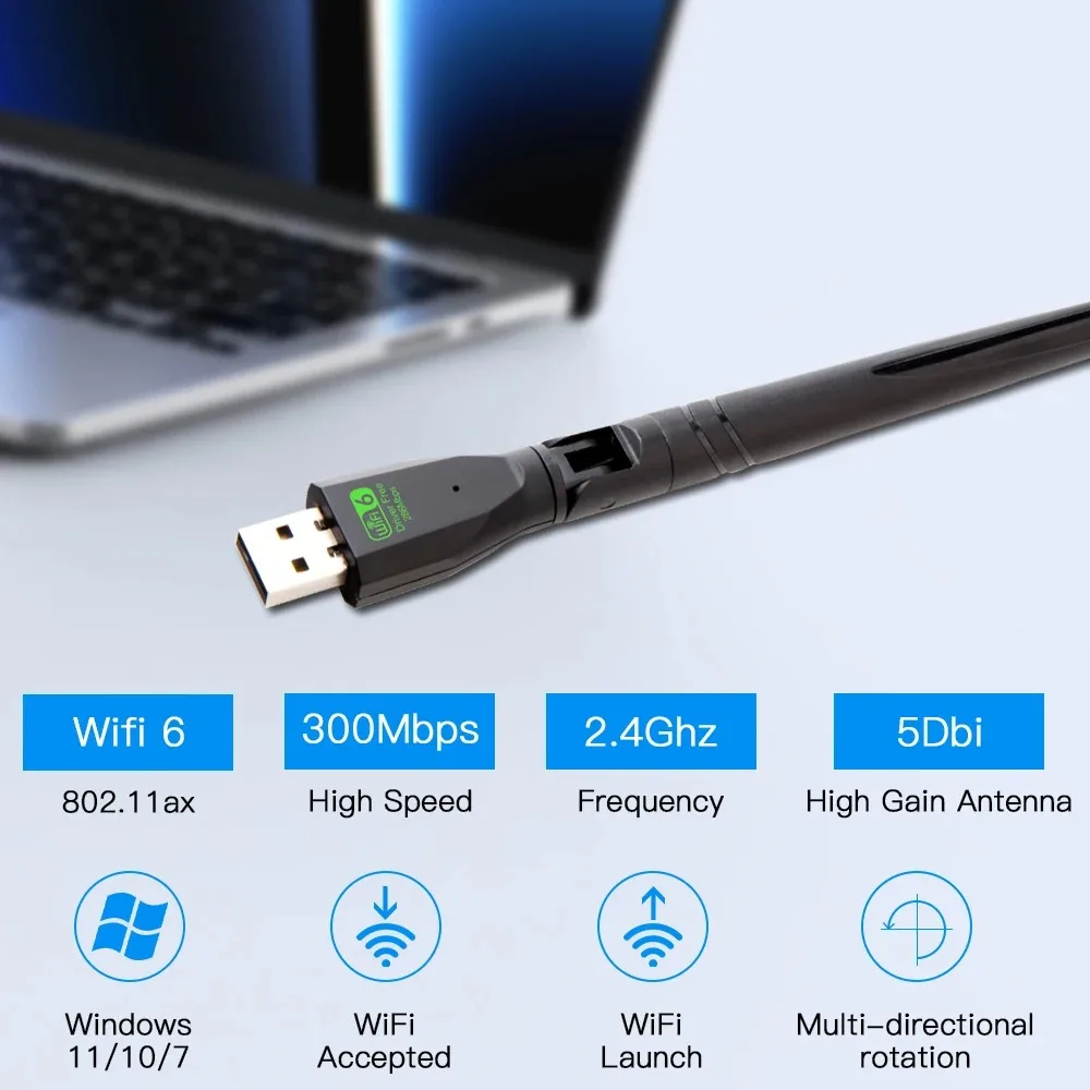300Mbps WiFi6 USB 어댑터 2.4Ghz 네트워크 카드 안테나 Wifi6 USB 동글 802.11ax 무선 WiFi 수신기 PC 노트북 드라이버 무료