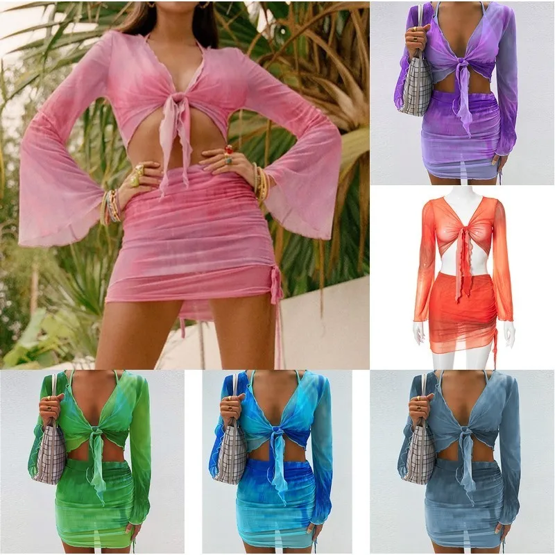 Sexy Two Piece Set Multi Color Tie Dye Mesh Crop Top Cardigan Mini Skirts Beach Wear Vacation Outfits Summer 2024 Dress Holiday
