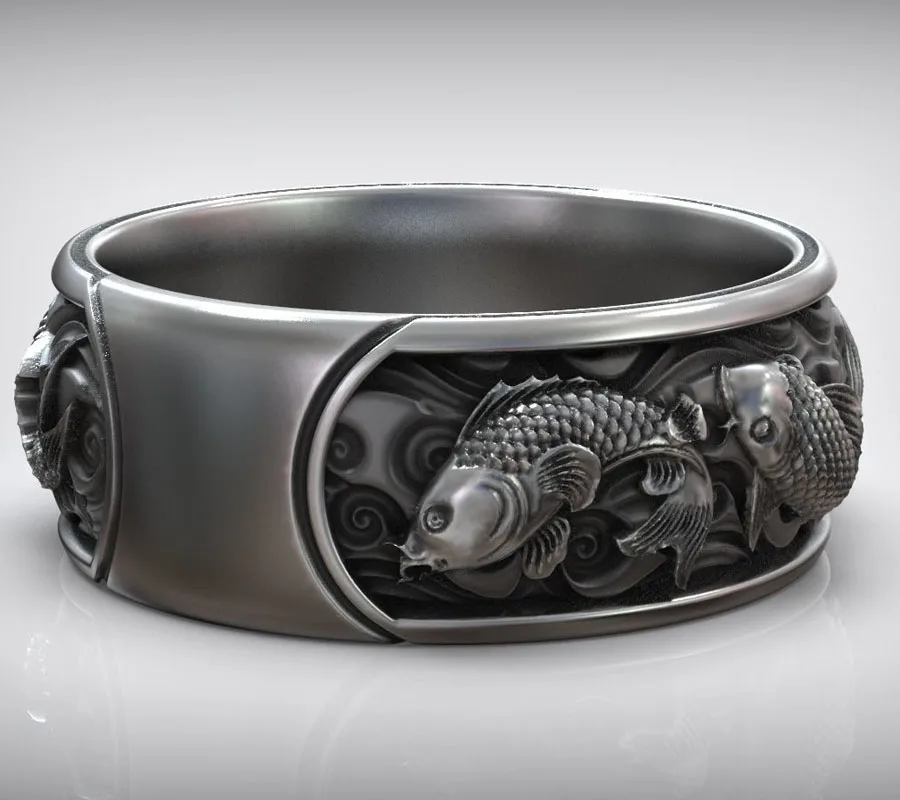 10.5g Carp Koi Fish Japanese Traditional Ornament Band Gold Rings  Customized 925 Solid Sterling Silver Many Sizes 7-13