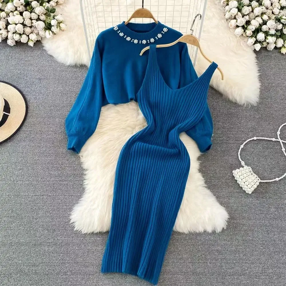 Women Sweater Midi Dress Set Casual Pullovers Suits Autumn Winter O-neck Long Sleeve Knitted Solid Slim Elegance Tops Elastic