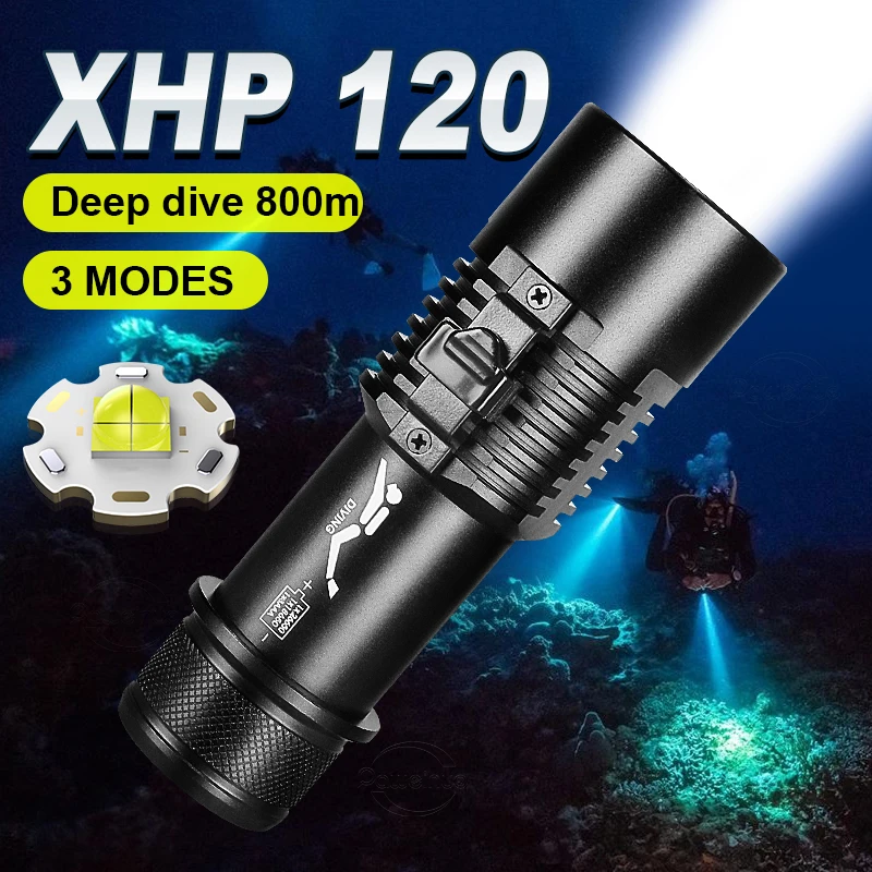 

Super Bright XHP120 Diving Flashlight IPX8 Waterproof Rating Professional Diving Light Underwater 800M Torch With Hand Rope