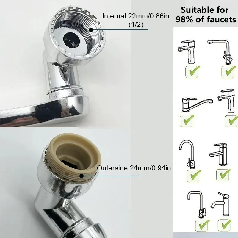 1080° Rotatable Extension Faucet Sprayer Head 2 Spray Modes Universal Bathroom Tap Extend Adapter Aerator 6