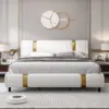 Modern Faux Leather Upholstered Platform Bed Frame with Golden Iron Metal Decor, Adjustable Curved Headboard,King Size, White 3
