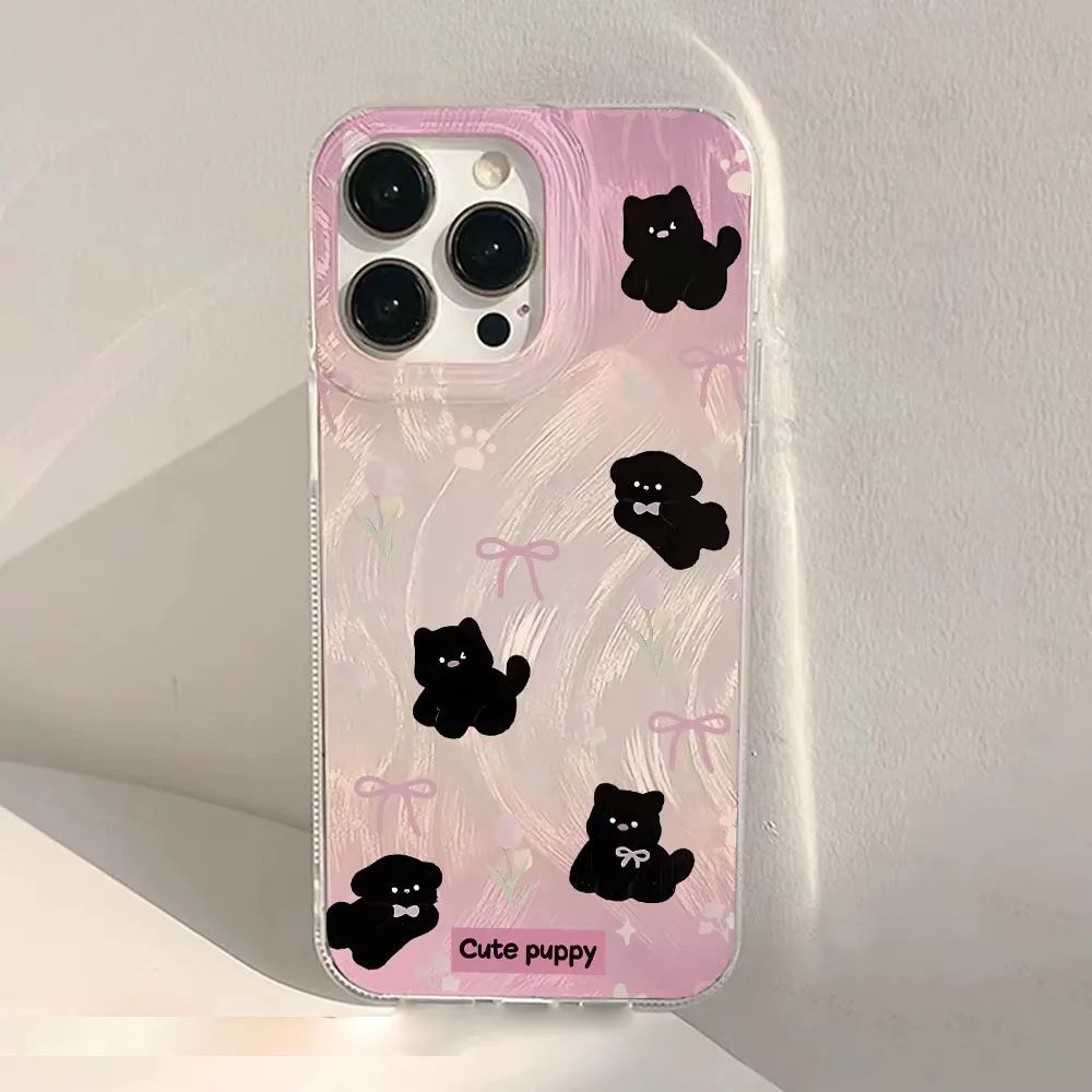 Chic Black Cat Phone Case with Laser Silver Feather Texture - Shockproof Cover