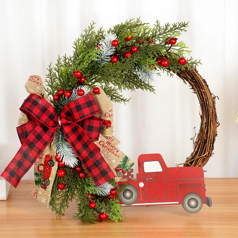 

40cm Merry Christmas Decoration Garland Wooden Truck Car Christmas Wreath Door Wall Hanging Decoration New Year Holiday Decor