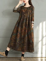 Cotton Vintage Print Floral Dresses 2025 Women Casual Loose Long Sleeve Dress Femme Robe Vestidos Elegant Spring Autumn Clothing - Image 4