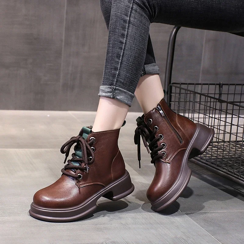 

Elegant Lace Up Round Toe Women Winter Boots 2024 Fashion Square Heel Shoes Outdoor Thick Bottom Motorcycle Ankle Boots