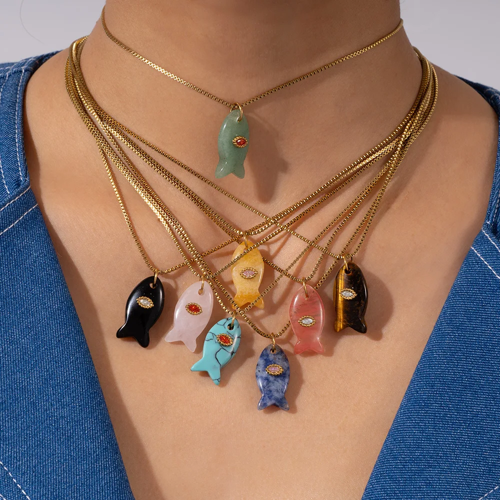 Multi-color Natural Stone Tiny Fish Pendant Neckalce Stainless Steel 18K Gold Plated Box Chain Opal Zircon Evil Eye Jewelry Gift