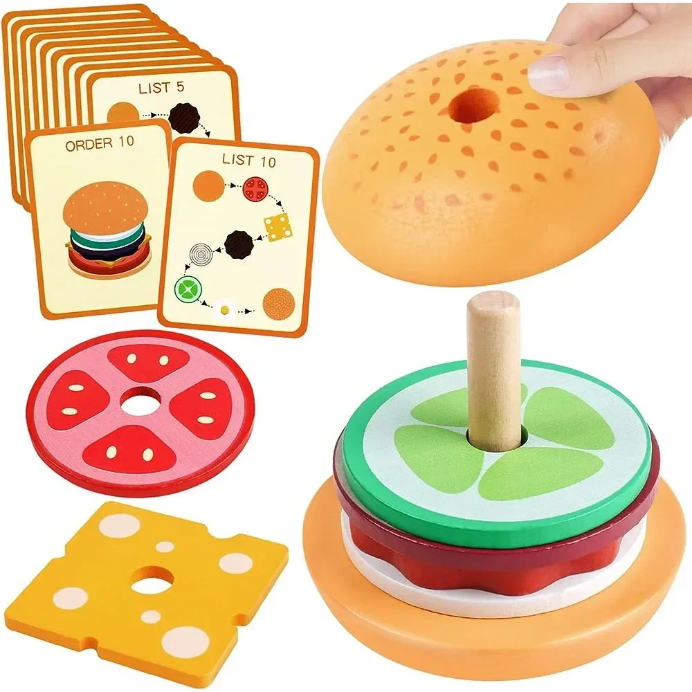 

Wooden Montessori Burger Stacking Toys For Toddler Kids Preschool Learning Educational Toys Fine Motor Skill Kitchen Toys Gift