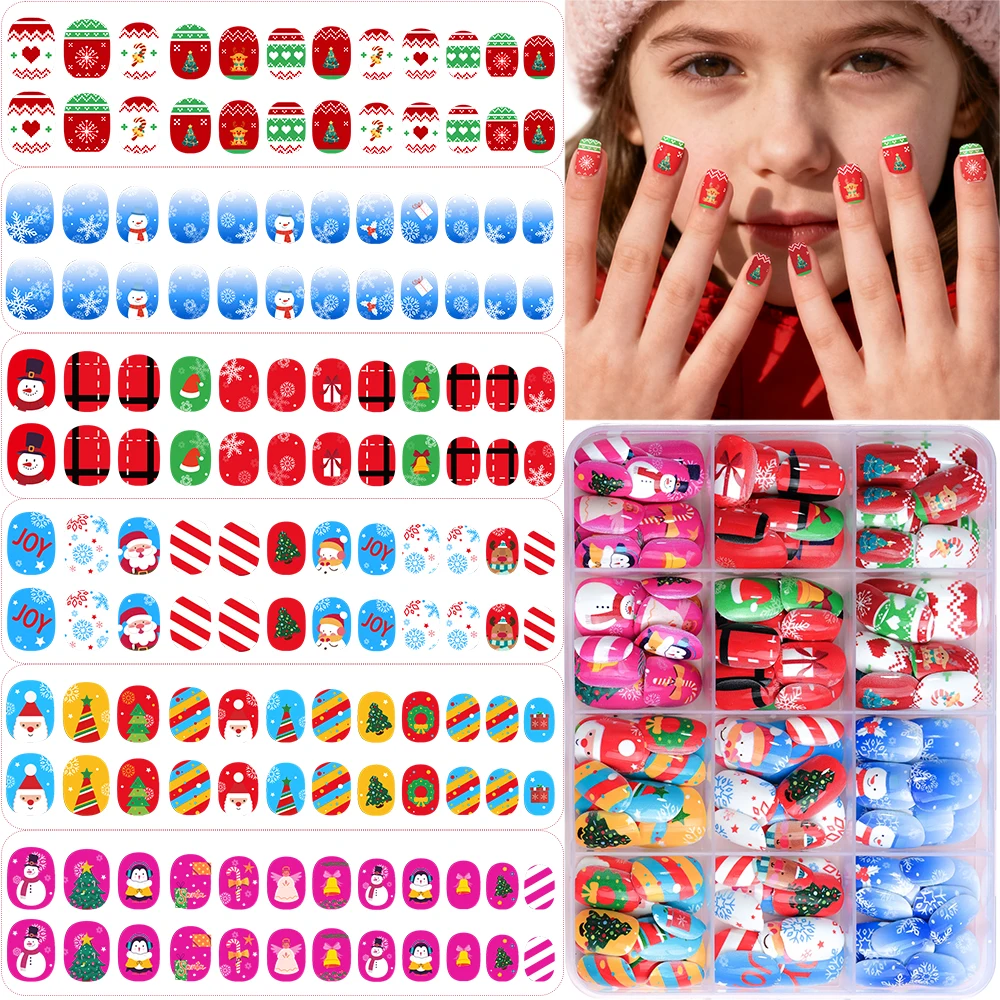 144 Stück-6 verschiedene Weihnachtsstile, kurzes Drücken auf die Nägel, süßer Schneemann, tragbare künstliche Nägel, Acryl-Falschspitzen, DIY-Nagelspitzen, Geschenke – Detail 1