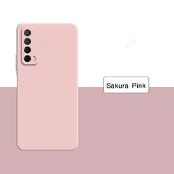 Luxury Original Liquid Silicone Shockproof Soft Shell Back Phone Case Cover - Cute Basic Solid Square Design for Huawei Y7A (Sakura Pink)