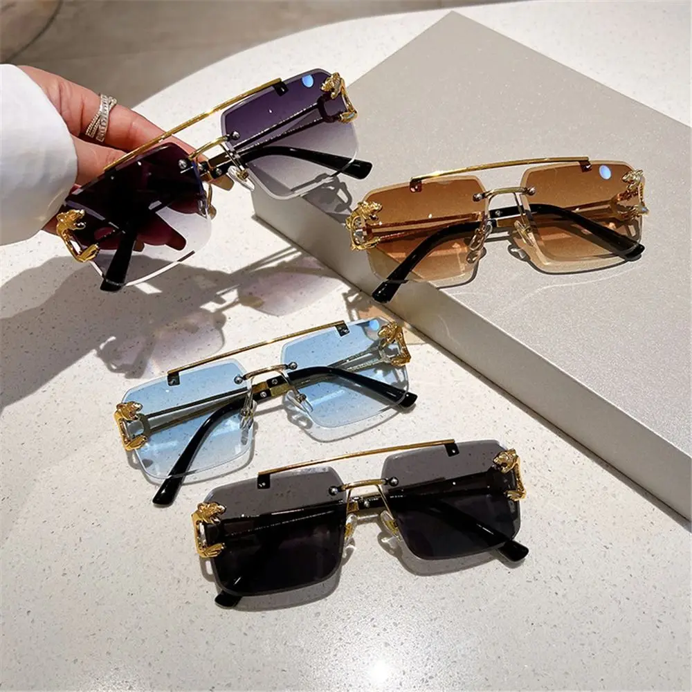 

Double Bridge Rimless Sunglasses Vintage UV400 Metal Oversized Square Shades Cheetah Decor Sun Glasses for Women & Men