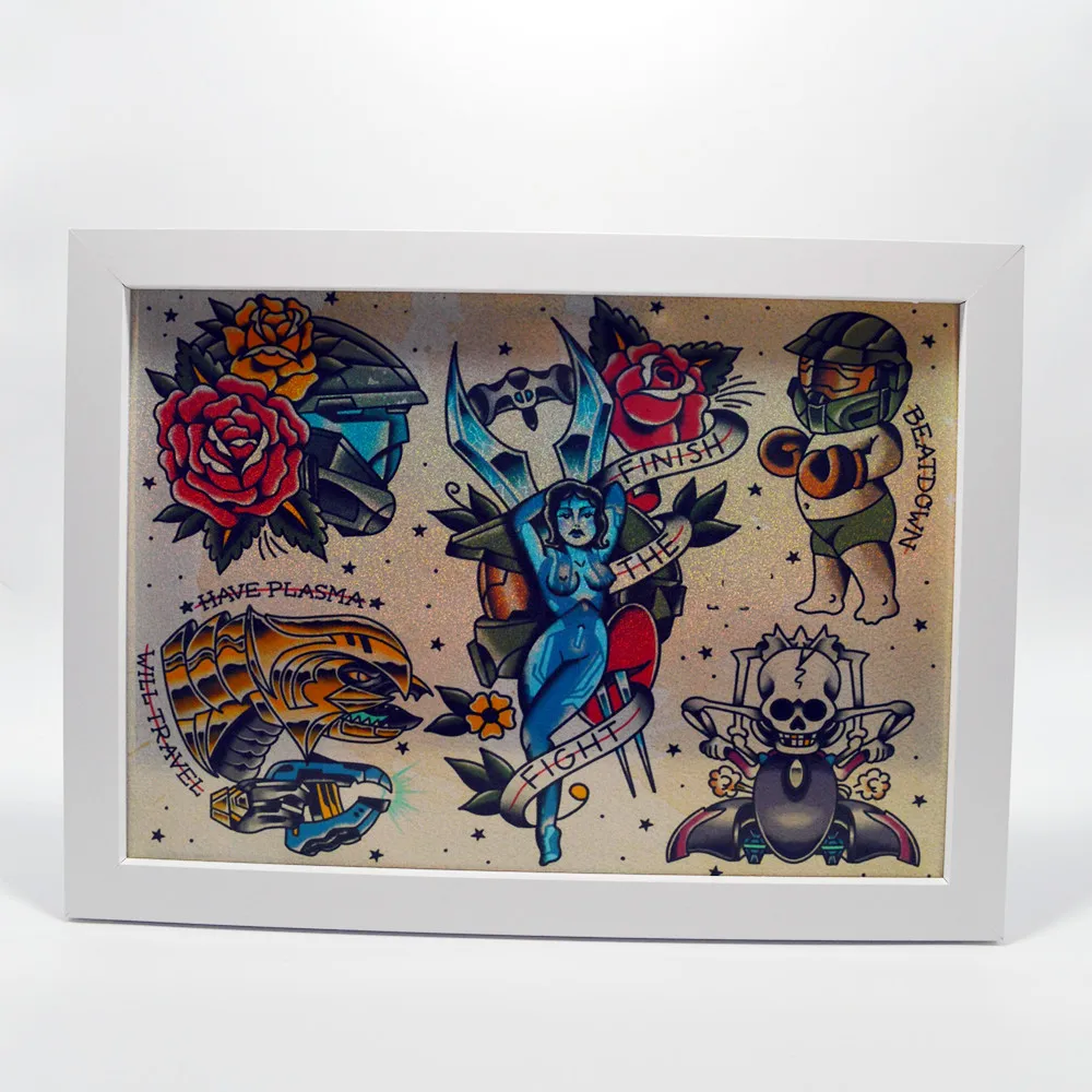 

Traditional Tattoo Design Art Poster Wall Chart, Top Holographic Vinyl Stickers Vintage Painting for Tattoo Studio Wall Decor C2