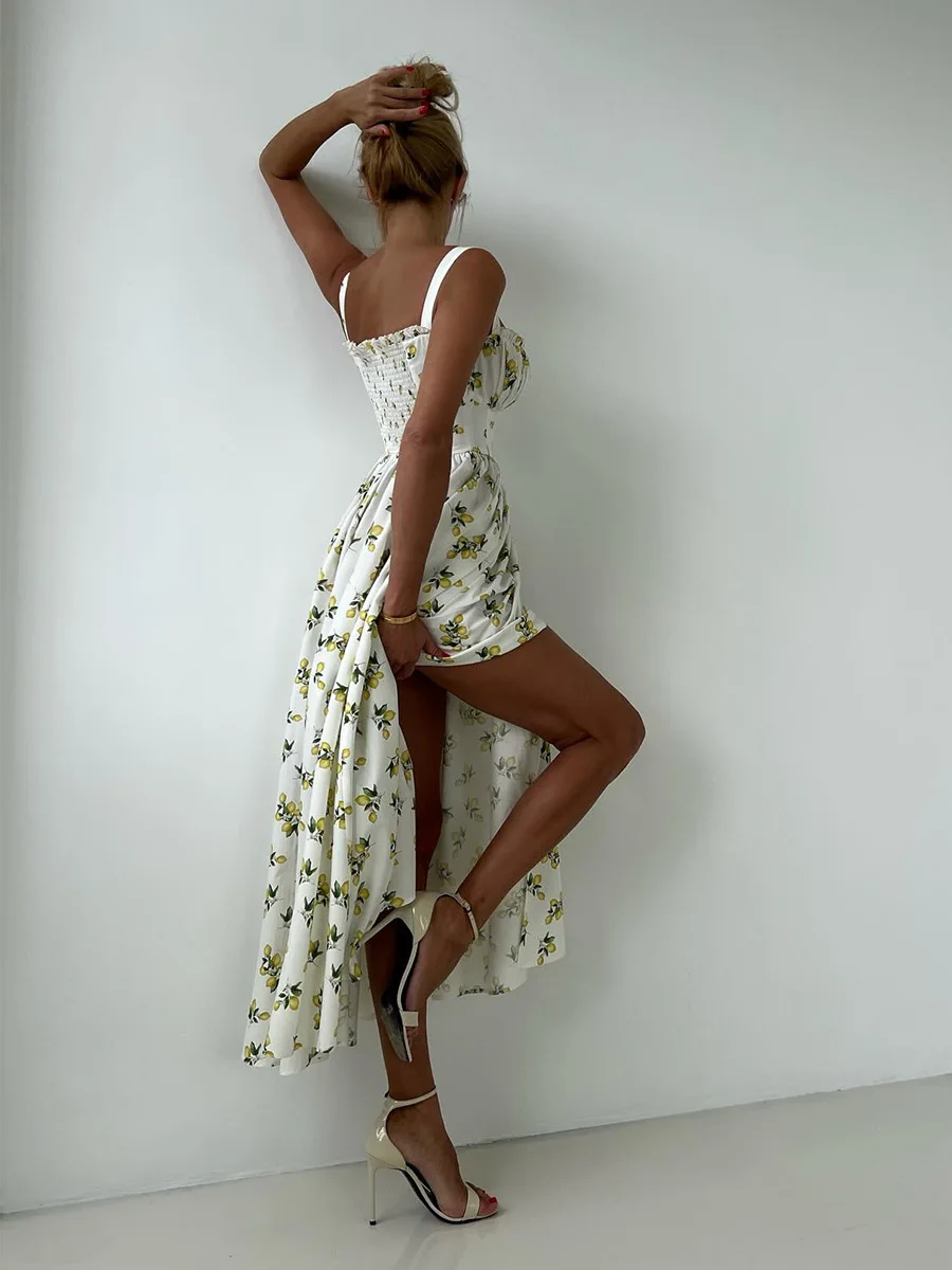 Bornladies 2025 Summer New Printing Cami Dress High Waist Slit Lemon Print Maxi Dress Vacation Long Dress For Women