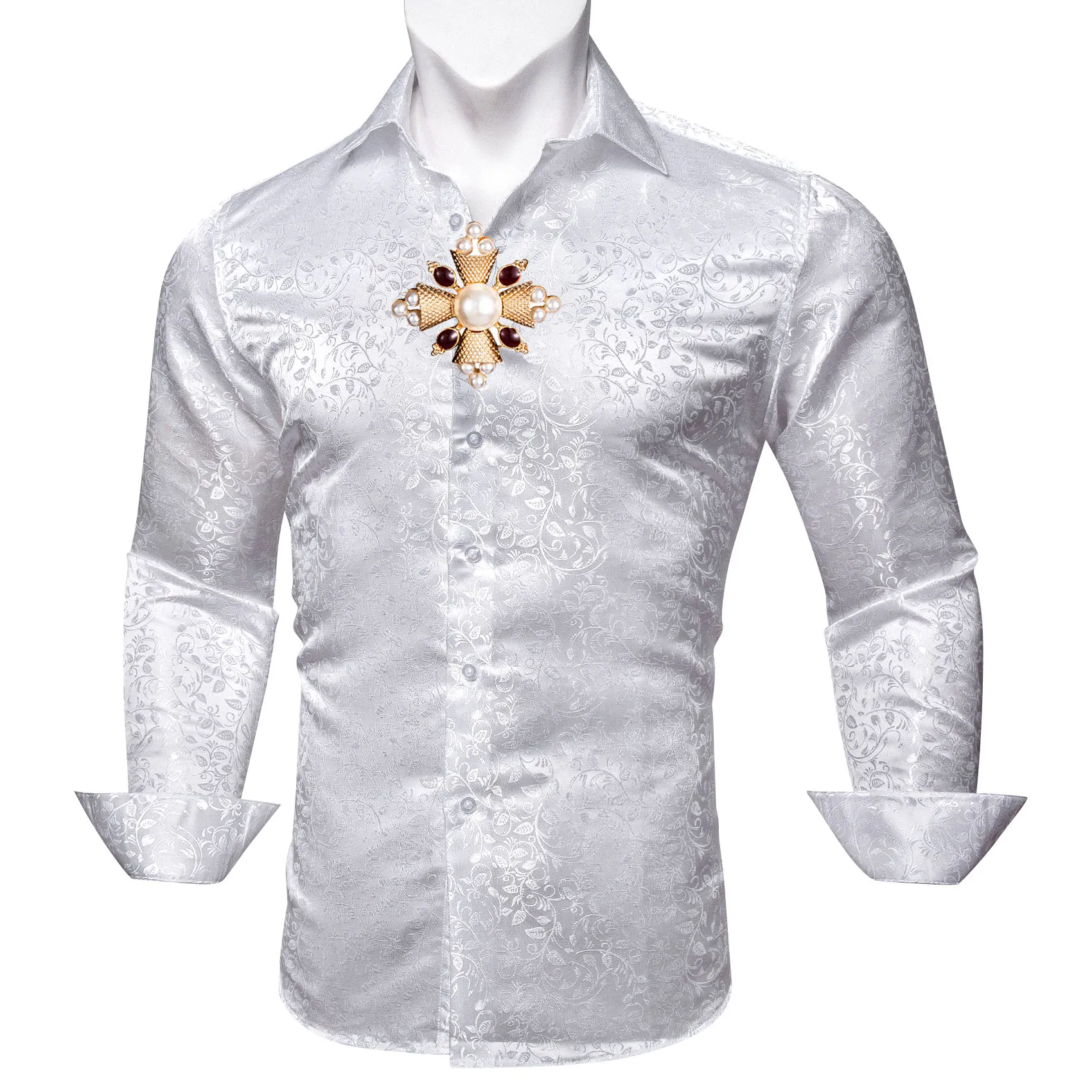 

Men Silk Shirt White Brooch Men Turn-Down Collar Floral Long Sleeve Shirt Casual Fit Wedding Party Business Barry.Wang