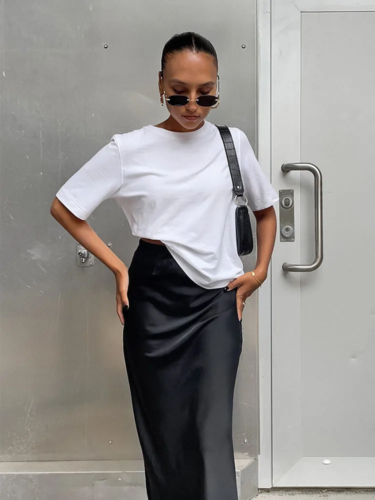 Elegant Satin Black Trumpet Skirts Fashion Slim High Waist Skirts Women Female Solid Office Long Skirt Spring Summer 2