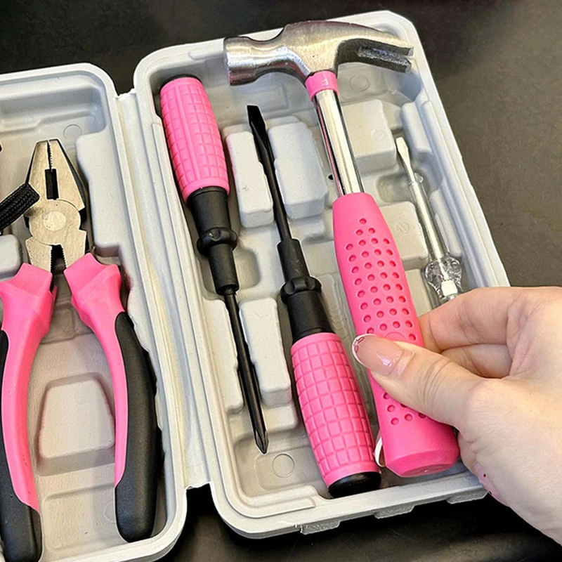 13/24pcs Pink Household Tool Set Hammer Hex Wrench Repair Worker Box Female Screwdriver Tape Measure Set Box DIY Handmade Tool