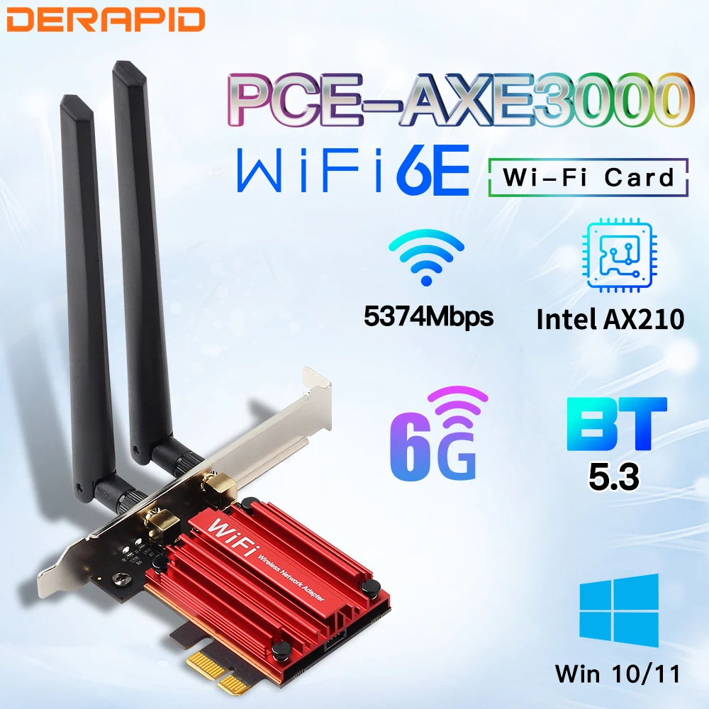 무선 PCIE 어댑터 호환 블루투스 5.3 네트워크 와이파이 카드, 와이파이 6E AX210NGW AXE3000 트라이 밴드, 2.4G, 5G, 6Ghz, PC Win 10/11 