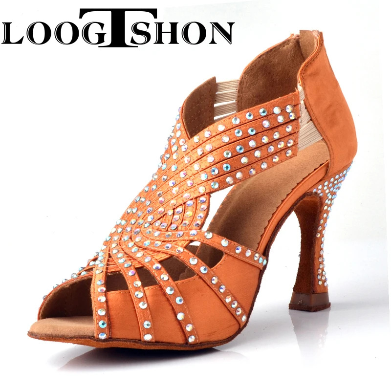 Loogtshon  Pearl Rhinestone Professional Latin Dance Heel 9CM Pink Black Lady Dance Shoes Soft Samba Rumba Cha Cha Dancing Shoes