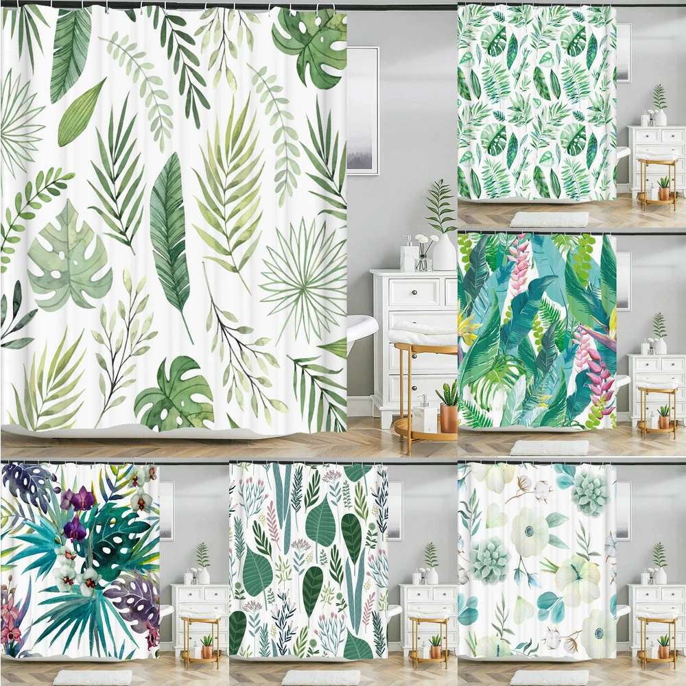 

Tropical Green Plant Leaves Palm Cactus Shower Curtains Bathroom Curtain Frabic Waterproof Polyester Bath Curtain with Hooks