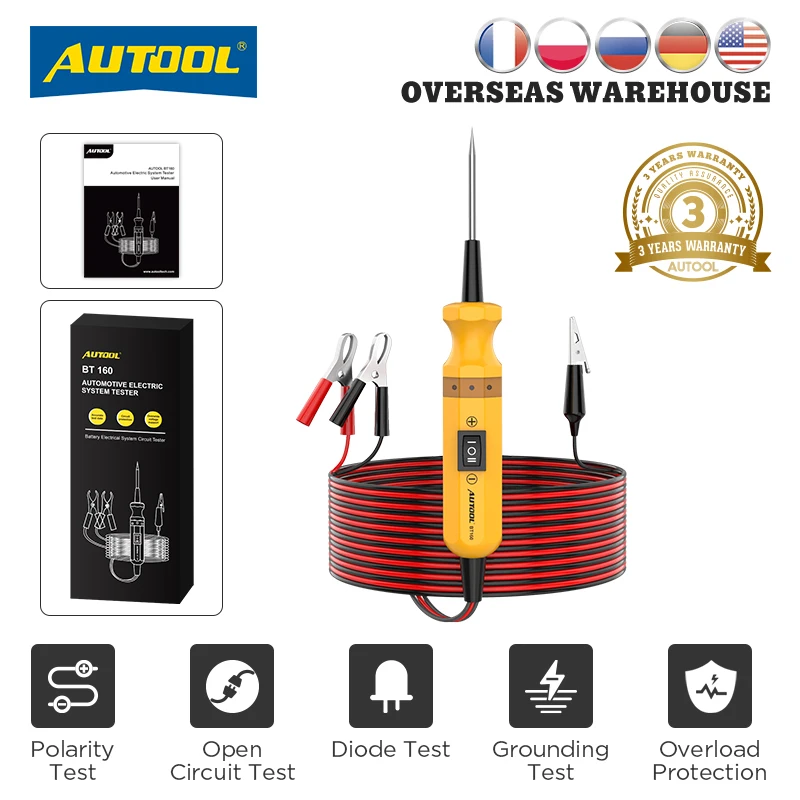 

AUTOOL BT160 Automotive Circuit Tester Power Probe Car Diagnostic Too 12V Car 24V Heavy Truck Voltage Integrated Scanner